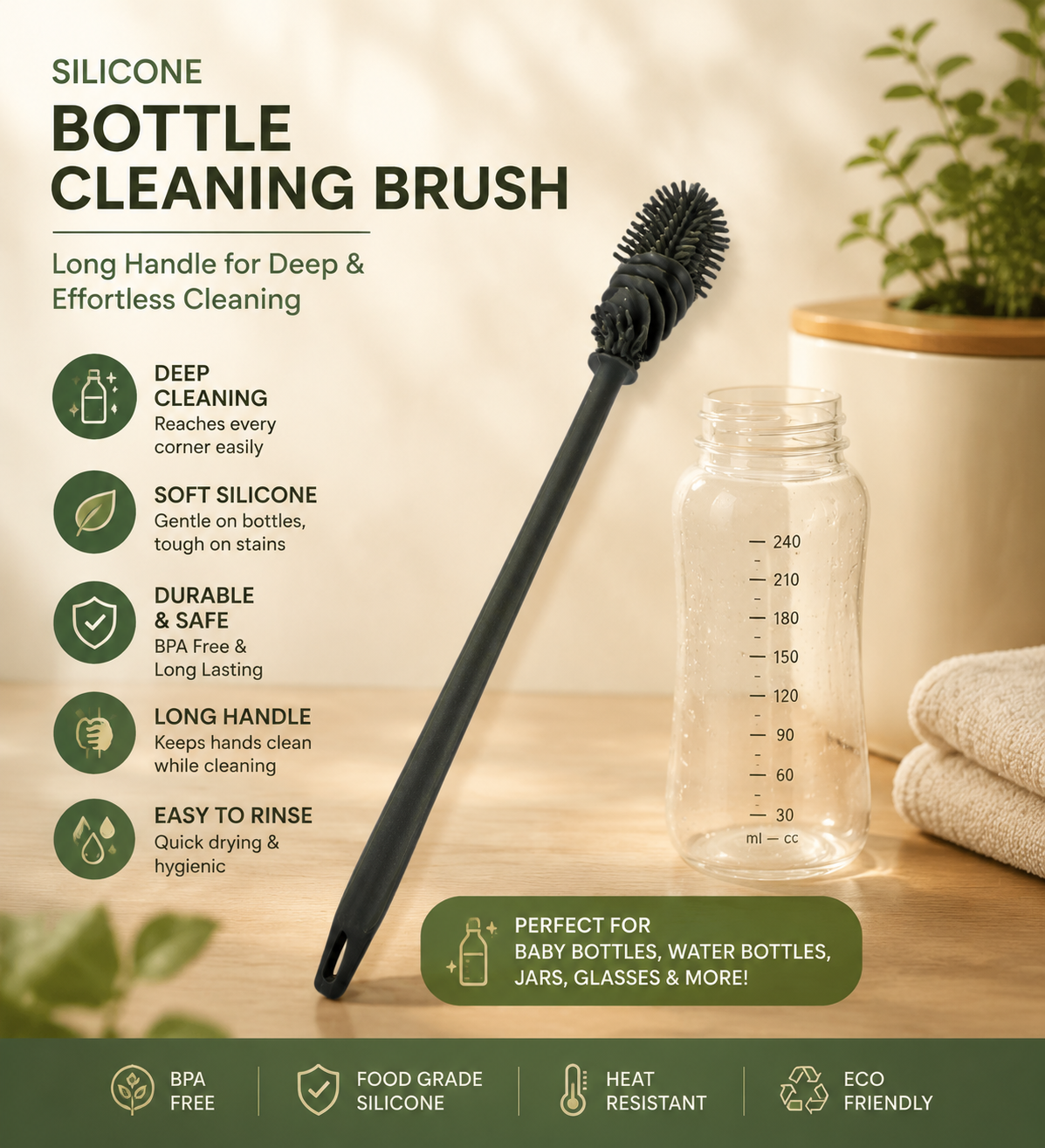 ThingsWalaa Silicone Bottle Cleaning Brush, Long Handle for Baby Bottle, Water Bottle, Containers, Vase and Glass Cleaner (31 CM, Grey)