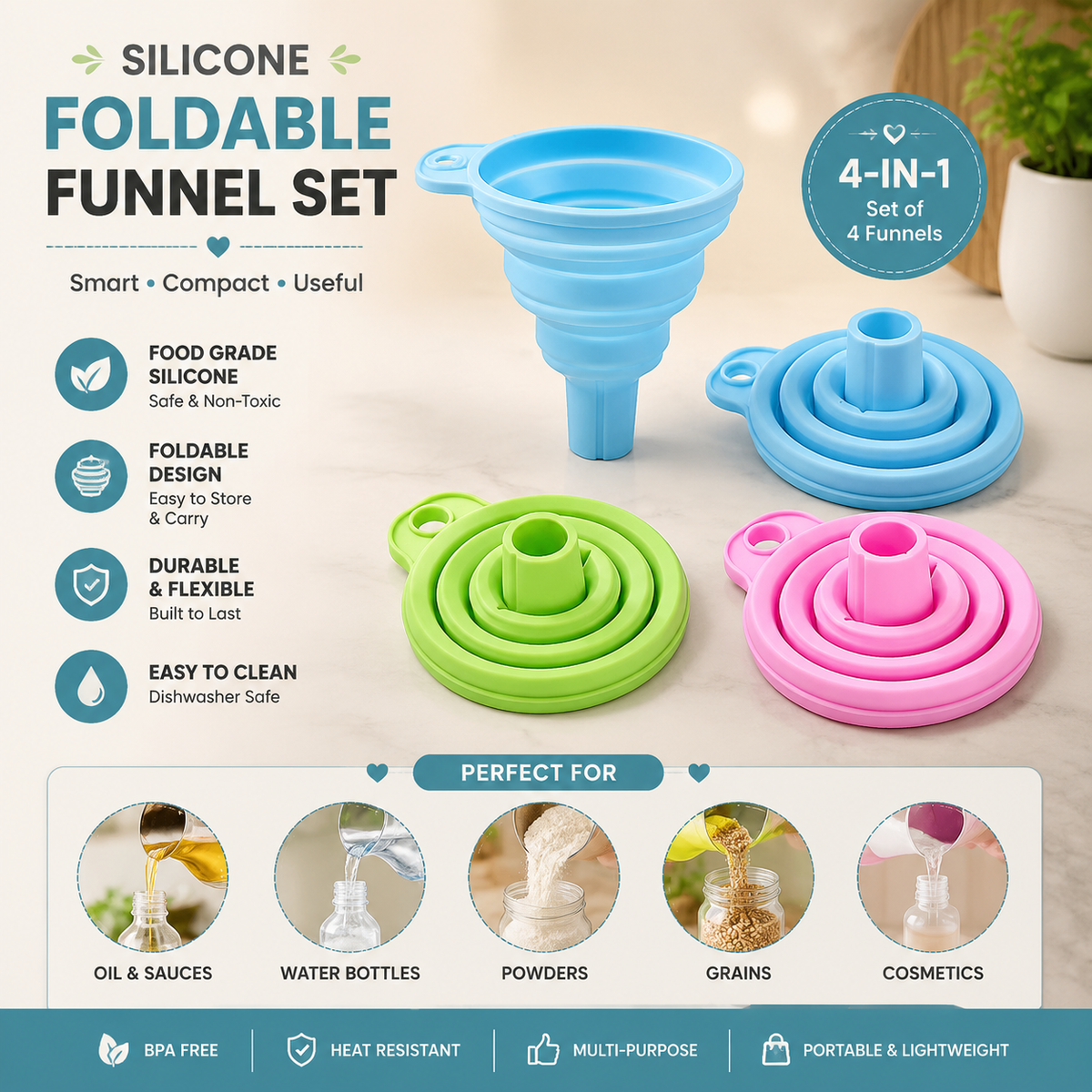 Silicone Collapsible Funnel, Foldable Kitchen Funnel Hopper for Water Bottle